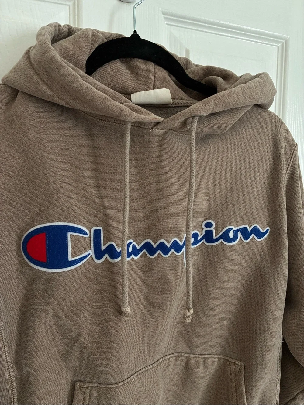 Champion Reverse Weave drawstring Hoodie in Taupe with embroidered chest logo S